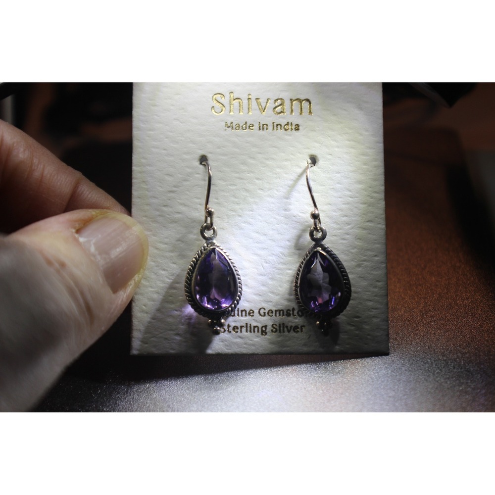 Shivam Sterling Silver Genuine Amethyst Teardrop Earrings Made in India 925